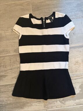White House Black Market Black and White Striped Peplum Top
